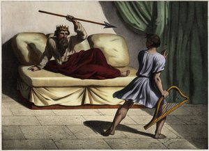 David spillede citar foran kong Saul for at formilde ham. Anonym stik fra midten af 1800-tallet. af Unknown artist