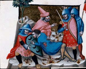 Opsigelse af en blodforbrydelse Miniature taget fra Justinian Code (Codex Justinianus), en samling af love og institutioner udgivet under den romerske kejser Justinian I af Byzans (483-565) af Unknown artist