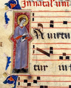 Detalje af en oplyst side af et kor, der forestiller en helgen af Unknown artist