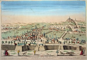 Detaljeret udsigt over byen Lyon ved bredden af Rhône og Saone. Indgravering af det 17. århundredes Paris B.N. af Unknown artist