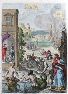 Forskellige metamorfoser, i forgrunden Scylla og havguden Glaucos forelsket i hende, i baggrunden afviser den hængte Iphis af Anaxarete. Illustration taget fra bog XIV af "" Metamorphoses"" (Metamorfosi) af Ovide (43 f.Kr.-17 e.Kr.). Gravering 1 af Unknown artist