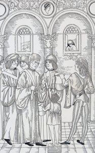 Læge undersøger patienters urin, træsnit af Unknown artist