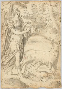 Tegning: A) Rhea og spædbarnet Jupiter. B) Sankt Frans af Assisi af Unknown artist