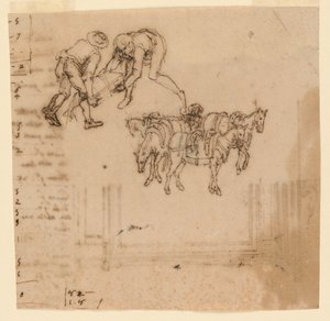Tegning: A) To mænd med en kuffert; fire muldyr med en driver. B) Projekt til en ramme af Unknown artist