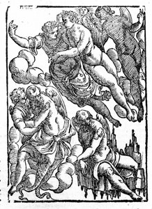 Eole (nederst til højre) og vind. "Mytologier eller forklaringer af historierne" givet af Natalis Comitis. Padova 1677 af Unknown artist