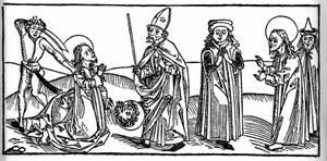 Episode af Saint James the Majors liv: helgenen halshugges under øjnene af Herodes af Agrippa, konge af Judæa. Indgravering fra “Leben der Heiligen - sommerteil” (Helgenbogen) af Jacobus (James) af Voragine (1228-1298). Lübeck 1488. af Unknown artist