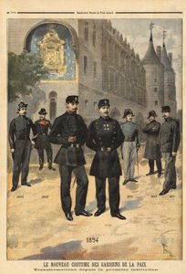 Udvikling af uniformer af fredsbevarende (eller bysergenter) fra 1860 til 1894, foran klokketårnet på Concierge, Paris. Indgravering i "" Le petit journal"" 09/1894. Selvas samling. af Unknown artist