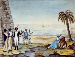 Henrettelse af en nybygger: Henrettelse af en nybygger under oprøret i Santo Domingo (Centralamerika, Antiller) i 1791. Indgravering af det 18. århundrede. Chartres, Museum of Fine Arts af Unknown artist