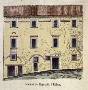 Facaden på huset, hvor maleren Raffaello Santi (Raphael) (1483 - 1520) boede i Urbin, Italien af Unknown artist