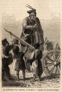 Familieklud i Swansea. Tegning af Durand Brager, for at illustrere et besøg på de store fabrikker i Wales i 1862, af L.Simonin. Indgravering i "" Le tour du monde"", redigeret af Edouard Charton af Unknown artist