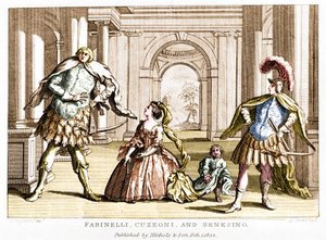 Farinelli (Carlo Broschi, dit; 1705 - 1782) med sopranen Cuzzoni og kastraten Francesco Bernardo Senesino (1680 - 1750) i operaen af ​​George Frederick Handel (Georg Friedrich Handel af Unknown artist