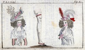 Mode 1700-tallet: frisure og strømpebånd af kvinder omkring 1788. af Unknown artist