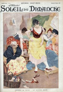 Mode sidst i det 19. århundrede: nye sko fra Venedig. Kvinder prøver sko fra den italienske by. Indgravering i "" Le sun-du-dimanche"", 8. oktober af Unknown artist