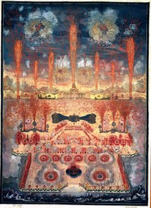 Fyrværkeri og belysninger den 16. juni 1744 i Moskva (Rusland). Anonymt værk, akvarel og gouache på pap, midten af ​​1700-tallet. Rokoko kunst. Statens Historiske Museum, Moskva. af Unknown artist