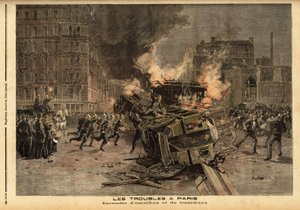 Brand af omnibusser og sporvogne i Paris: en brutalt undertrykt studenterdemonstration bliver til et generelt optøj. Indgravering i "" Le petit journal"" 22/07/1893. Selvas samling. af Unknown artist