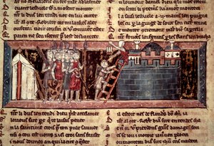 Første korstog: "Korstogene, der ankommer før Jerusalem". Miniature fra "" Chevalier au Swan et Godefroi de Bouillon"" af Unknown artist