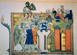 Første korstog: Godefroi (eller Godefroy) af Bouillon (1058-1100) i et rundt tårn angreb Jerusalem i 1099. Miniature fra "" Roman De Godefroy De Bouillon et de Saladin" af Unknown artist