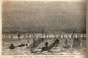 Fiskefælder, placeret på bredden af Yukon-floden (det ekstreme nordlige Canada). Gravering for at illustrere rejsen og eventyrene i engelsk Colombia, Vancouver Island og Alaska, af Frederick Whymper af Unknown artist