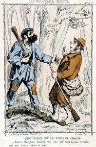 Tvunget skat på haglgeværer: "Lad os blive borgerlige, giv mig din pistol hurtigt, hvis du ikke vil have, at jeg ødelægger din hud" - karikatur på de "nye skatter" af Unknown artist