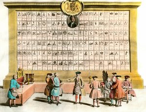 Franc-Maconnerie: møde mellem engelske maconfrancs med symboler for de vigtigste maconniske loger. 1700-tals tavle. Paris. Dekorativ kunst af Unknown artist