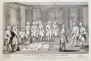 Freemaking: "Forsamling af Francs Macons for optagelse af lærlinge" Ceremoni for modtagerens indrejse i logen. Han bevæger sig fremad, med øjnene stribede, guidet af den anden vejleder, mod Stormesteren (sidder til venstre). På Th af Unknown artist