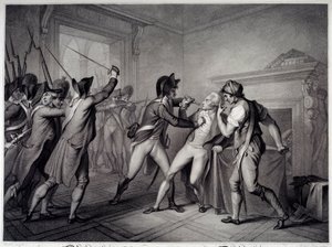 Fransk revolution: Arrestation af Robespierre den 27. juli 1794 (9 Thermidor år II). Stik af det 18. århundrede. Paris, Musée Carnavalet af Unknown artist