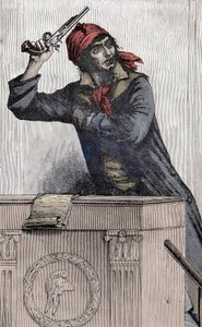 Fransk revolution: Portræt af Jean Paul Marat (1743-1793), Montagnard-deputeret ved konventet, grener en pistol ved podiet - af Unknown artist