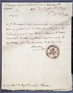 Fransk revolution: håndskrevet brev dateret 26/02/1793 fra en denomme Merlin om erobringen af byen Breda i Holland den 24. februar af general Dumouriez. Nord Lilles afdelingsarkiv af Unknown artist