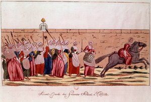 Den franske revolution i 1789: avantgarde des femmes på vej til Versailles den 5. oktober 1789. Indgravering af det 18. århundrede. Paris, B.N. af Unknown artist
