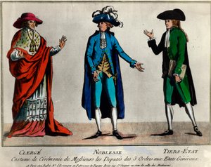 Fransk revolution: repræsentation af deputerede for de tre ordener i Generalstaterne i ceremoniel dragt: gejstligheden, adelen og den tredje stat (tredje stater). Tryk fra slutningen af 1700-tallets privatsamling af Unknown artist