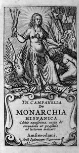 Frontispice af "" De monarchia hispanica"" (Spaniens monarki) af den italienske filosof Tommaso Campanella (1568-1639). 1683 af Unknown artist