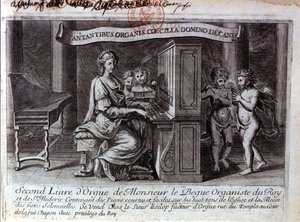 Frontispice af den anden orgelbog af Mr. Nicolas Lebègue. Fransk komponist 1631 til 1702. Organist tjente Ludvig XIV. Paris BNF af Unknown artist