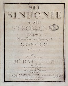 Frontispice af partituret til Sei sinfonie a piu strumenti op. 5 (første symfoni) af Francois Joseph Gossec af Unknown artist
