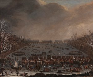 Frost Fair på Themsen, med Old London Bridge i det fjerne af Unknown artist