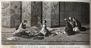 Begravelsesceremonier: munken af de sidste sakramenter. Indgravering til illustration af rejsen til Japan i 1863-1864 af Aime Humbert, minister for Det Schweiziske Forbund, i "Le tour du monde, nouveau journal des voyages", udgivet under ledelse af Edouar af Unknown artist