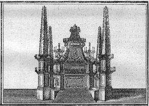 Begravelse af en pave i det 18. århundrede: katafalken for den afdøde pave. Indgravering i "Histoire des religions"". af Unknown artist