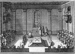 Begravelse af en pave i det 18. århundrede: ceremoni af obseques. Indgravering i "Histoire des religions"". af Unknown artist