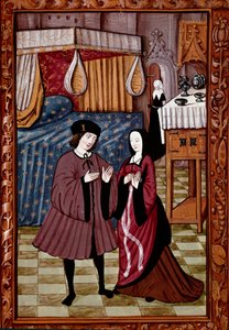 Galant møde i et soveværelse Sandsynligvis kærligheden til Jean III de Brush og Louise de Laval. Miniature fra manuskript frk. 1475 af Unknown artist
