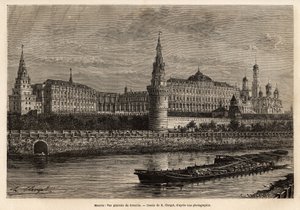 Generel udsigt over Kreml, Moskvas geografiske centrum og Ruslands politiske centrum, kvarteret bygget i det 14. århundrede er altid blevet udvidet og restaureret i hele landets historiske peripetier. Gravering til illustration af La Rus af Unknown artist