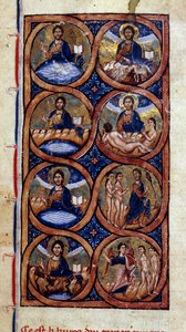 Genesis: repræsentation af de forskellige stadier af verdens skabelse (kosmogoni). Miniature fra et manuskript "Universal History""" 1200-tallet. Dijon kommunale bibliotek af Unknown artist