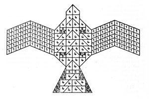 Geometri af Sulbasutras: plan af ildalteret i form af en falk. Matematisk skema, der henviser til reglerne for konstruktion af offeraltre, der stammer fra den vediske periode i Indien (1500-500 f.Kr.). Journal of the Asiatic Society of Bengal af af Unknown artist