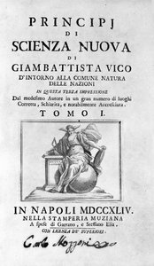 Giambattista Vico. Også kaldet Giovanni, Gian Battista, Jean Baptiste eller Jean-Baptiste. Frontispice af "" The New Science "" af Unknown artist