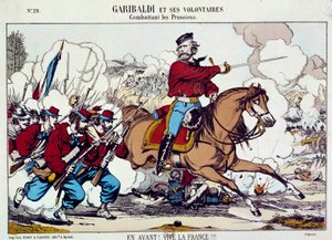 Giuseppe Garibaldi (1807-1882) kæmper med sine frivillige mod preusserne. ”Frem, længe leve Frankrig” Omkring 1871. Stik B.N. Paris af Unknown artist