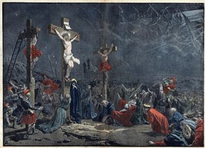 Langfredag: Jesu Kristi korsfæstelse (Jesus Kristus). Illustration i "" le Pelerin"" af 3. april af Unknown artist