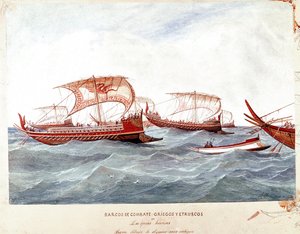 Græske og etruskiske krigsskibe (Akvarel af Unknown artist