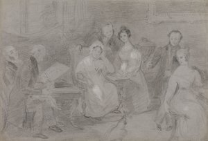 Gruppe af figurer, med en mand, der maler i akvareller, og en pige, der rækker kopper te af Unknown artist