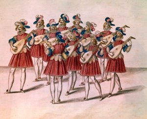 Gruppe af musikere, der spiller lut. Akvarel og pen af Daniel Rabel (1578-1637) fra albummet "Chateau de Bicetre" 1600-tallets Paris, Louvre-museet af Unknown artist