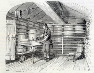 Gruyère ostebutik i en schweizisk hytte (vasker skorpen) - i "" Industriens vidundere"" af Louis Figuier af Unknown artist
