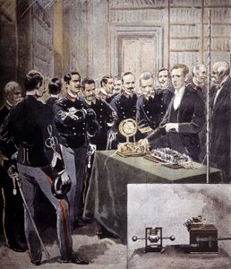 Guglielmo Marconi præsenterede den trådløse telegraf (TSF) på en konference i ministeriet for flåde i 1897. af Unknown artist