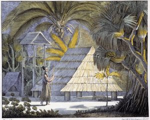 Habitat på Radak-øerne, Marshalløernes øhav. 1800-tals gravering. af Unknown artist